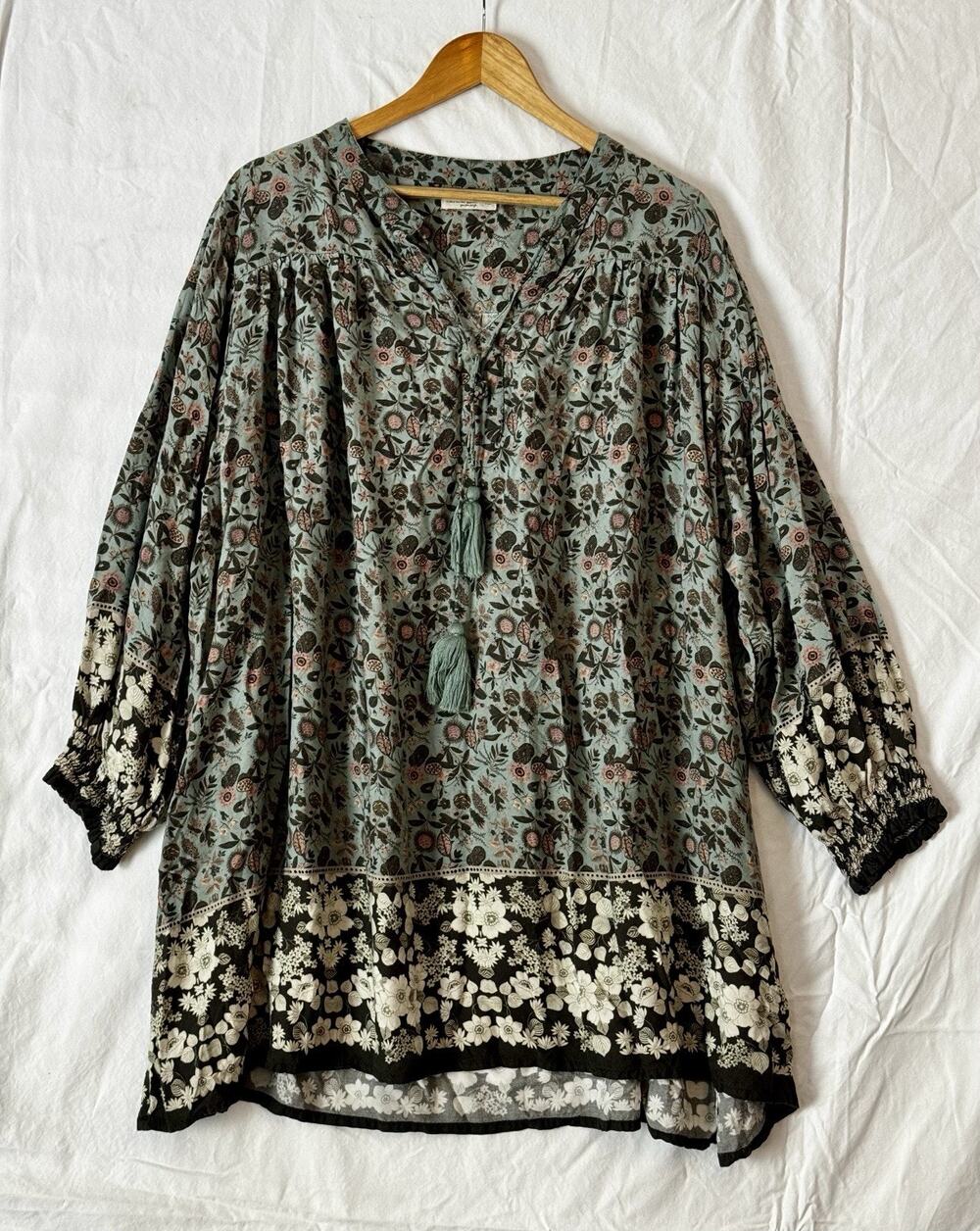 Natural Life V Neck Tunic Dress Long Puff Sleeves Sage Green Floral XL Boho